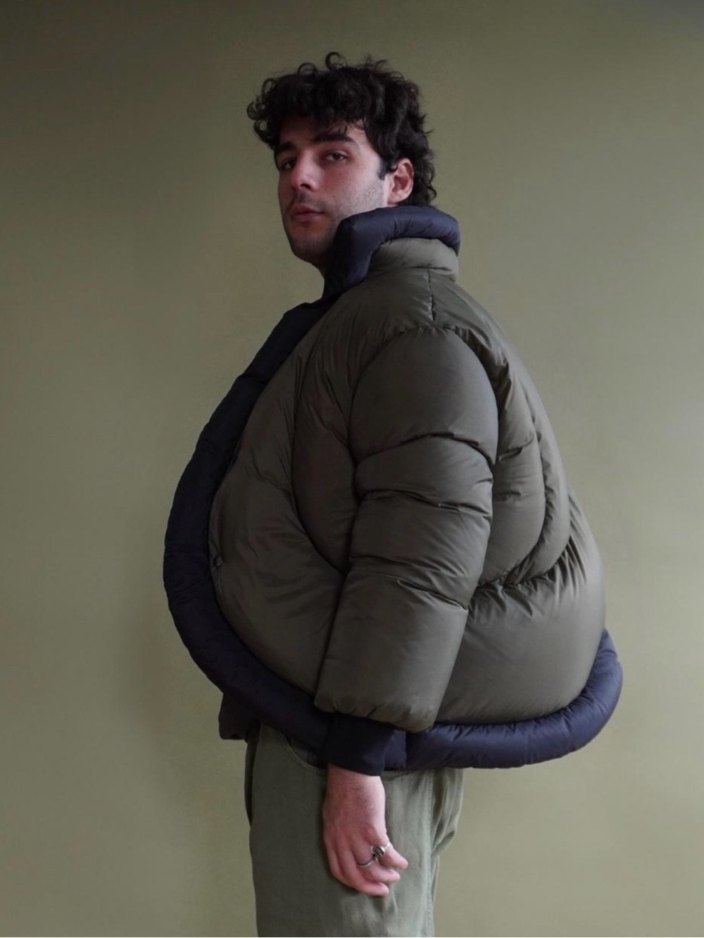 Olive Green Puffer Jacket with Black Trim - Unisex Jackets & Coats - Picture 6 of 7